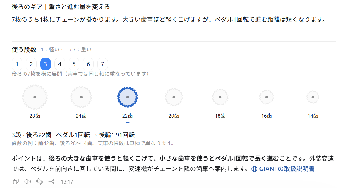 使う段数の3が青く選択され、前42歯、後ろ22歯、ペダル1回転に対して後輪1.91回転と表示されたChatの画面。
